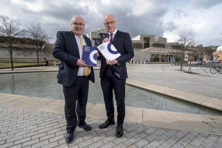 Picture: A full body portait of Ailean MacDonald and John Swinney standing outside the Scottish Parliament, each holding a copy of the National Gaelic Language Plan 2018-2023.