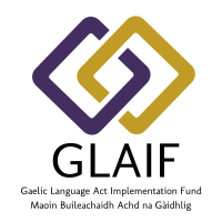 Graphic: The Gaelic Language Act Implementation Fund logo, which is two purple and a gold diamond shapes interwined, with GLAIF / Gaelic Language Act Implementation Fund / Maoin Buileachaidh Achd na Gàidhlig written underneath in black