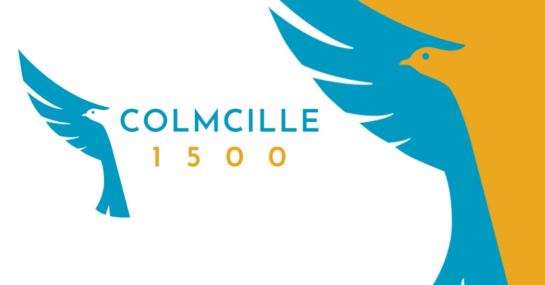 Graphic: Colmcille 1500 logo, a gold and blue graphic of a bird and reads "Colmcille 1500"