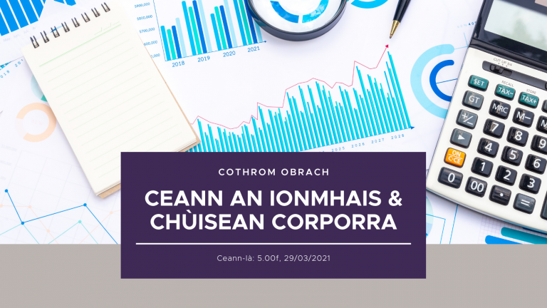 Picture: A stock photo of a range of graphs, notebooks and calculators with a purple box over with the following text inside "Cothrom Obrach Ceann an Ionmhas is Cùisean Corporra Ceann-là 5.00f 29.03.2021"