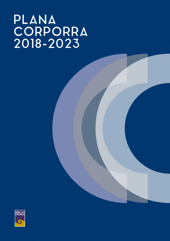 Picture: The cover of Bòrd na Gàidhlig's Corporate Plan 2018-2023 - a navy A4 page with 3 white half circles and reads "Corporate Plan 2018-2023" in the top left hand corner, and has the Bòrd na Gàidhlig logo in the bottom left hand corner.