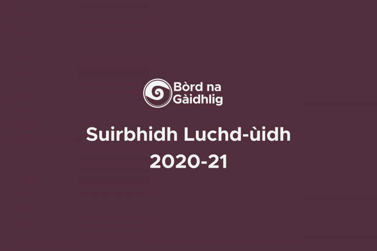 Graphic: Bòrd na Gàidhlig logo on a maroon background. Text reads 'Stakeholder survey 2020-21'.