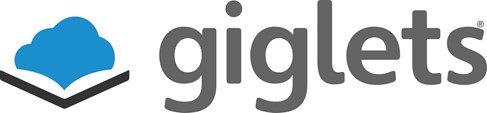 Graphic: Giglets logo, a black book with a blue cloud coming out of it, with grey text reading "giglets"