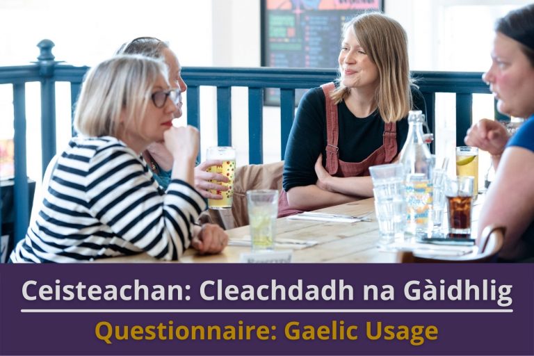 Picture: A group of women of varying ages chatting in a cafe. Text reads 'Questionnaire: Gaelic Usage'.