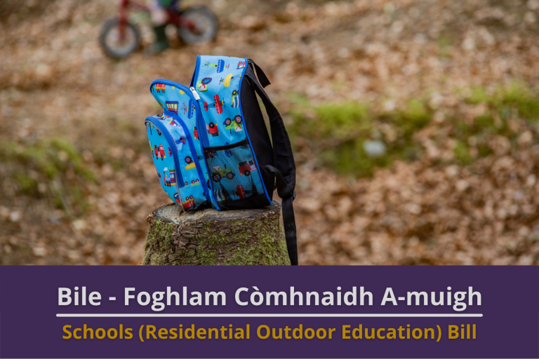 Picture: A child's colourful rucksack sitting on a tree stump in a forrest. Text reads 'Schools (Residential Outdoor Education) Bill'.