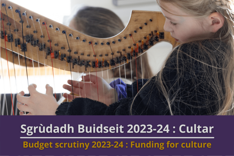 Picture: A young girl playing a clarsach (a small Scottish harp). Text reads 'Budget Scrutiny 2023-34: Funding for Culture'.