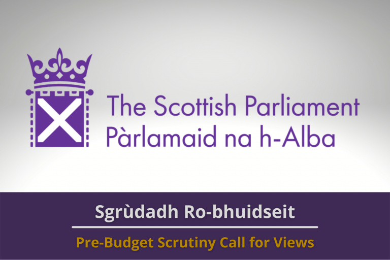 Graphic: The Scottish Parliament logo on an off-white background. Text reads 'Pre-budget Scrutiny - Call for Views'.
