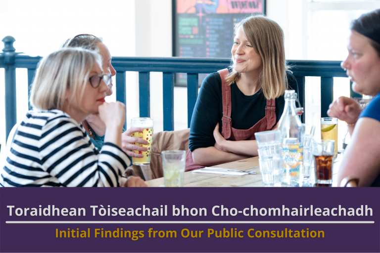 Picture: Four women chatting at a table in a cafe and smiling. Text reads 'Initial Findings from Our Public Consultation'.