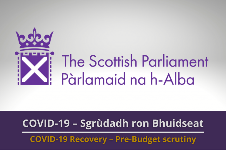Graphic: Scottish Parliament Logo on an off-white background. Text reads 'COVID-19 Recovery - Pre-budget Scruteny'.