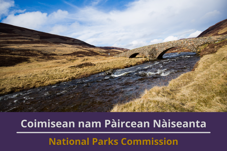 Picture: A bridge over a river in the Scottish Highlands. Text reads 'National Parks Commission'