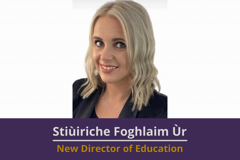 Picture: A close-up of Jennifer McHarrie, Bòrd na Gàidhlig's Director of Education. Text reads 'New Director of Education'