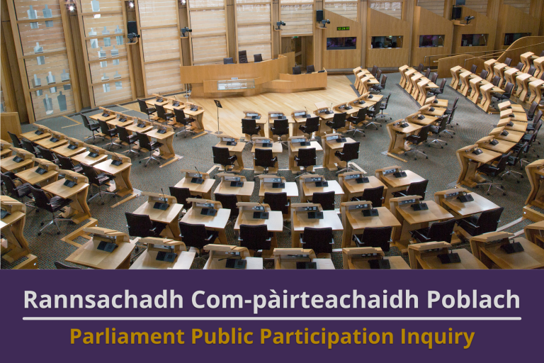 Picture: The debating chamber in the Scottish Parliament Building. Text reads 'Parliament Public Participation Inquiry'
