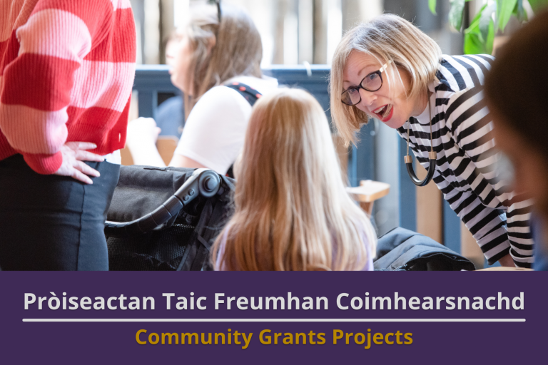Picture: A woman bending down to speak to a young girl in a busy cafe. Text reads 'Community Grants Projects'