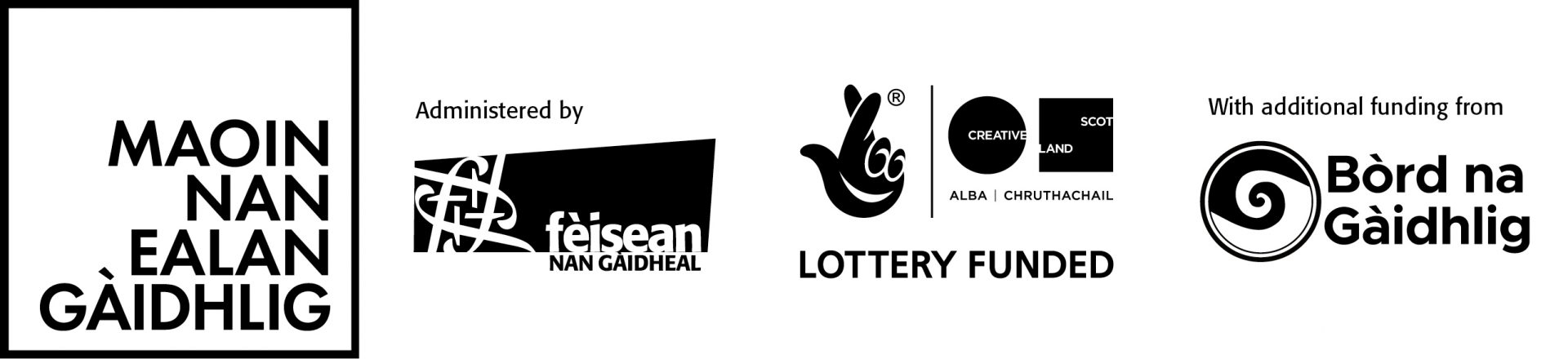 Maoin nan Ealan / Gaelic Arts Fund logo with logos of Fèisean nan Gàidheal, Creative Scotland and Bòrd na Gàidhlig