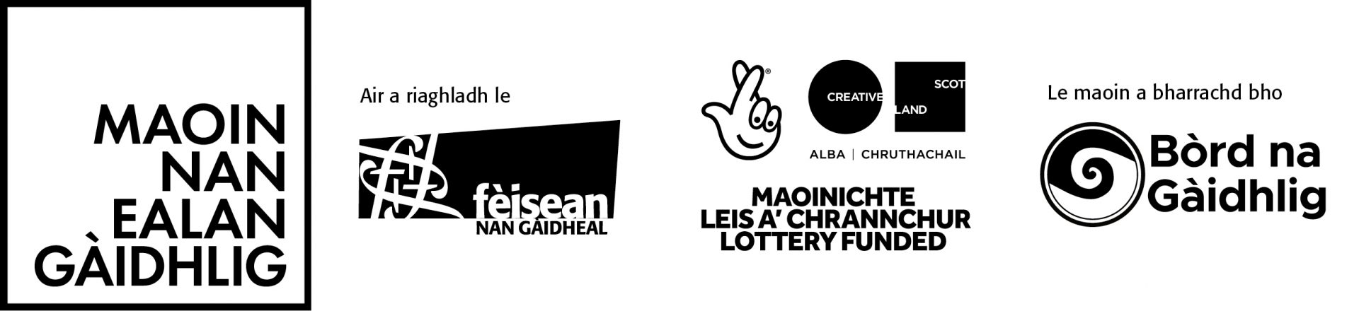Maoin nan Ealan / Gaelic Arts Fund logo with logos of Fèisean nan Gàidheal, Creative Scotland and Bòrd na Gàidhlig