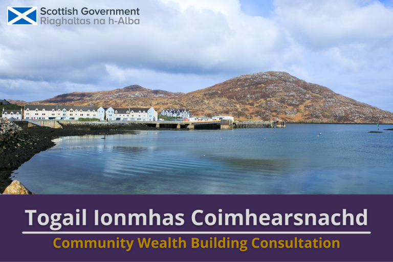 Picture: A pier in a Scottish island village, shot from across the bay. Text reads 'Community Wealth Building Consultation'