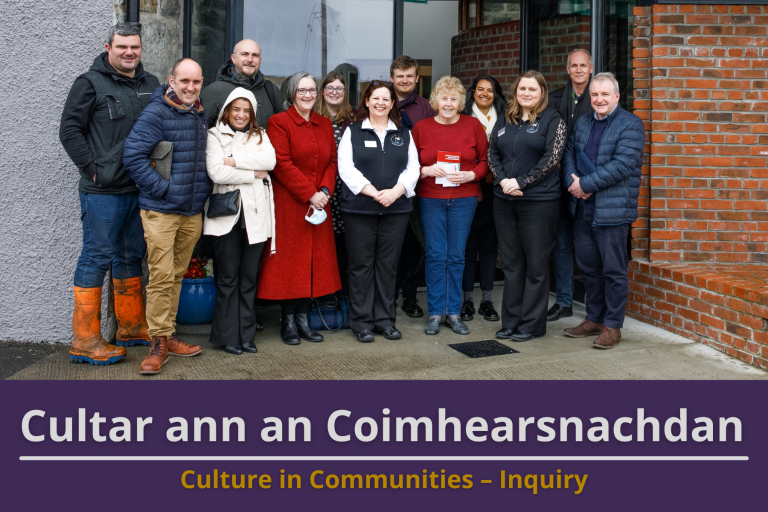 Picture: Gaelic-speaking community members, community officers and others gathered outside Comunnn Eachdraidh Nis in the Isle of Lewis. Text reads 'Culture in Communities - Enquiry'