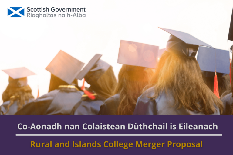 Picture: College/university gratuates in their graduation robes and hats. Text reads 'Rural and Islands College Merger Proposal'