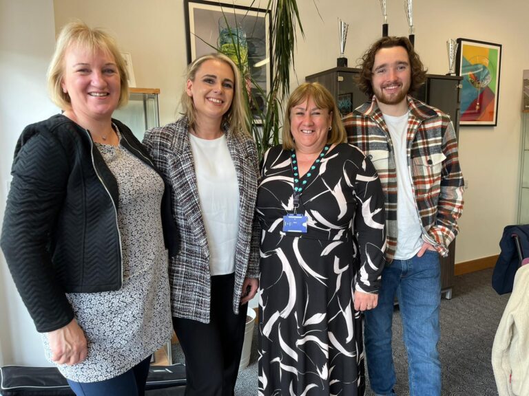 Bòrd na Gàidhlig staff at Greenfaulds high school. From left to right; Angela NicLeòid - Development Officer (Teachers), Jennifer McHarrie - Director of Education, Mary Morrison - Education Development Officer, Ruairidh Hamilton - Communications Officer.