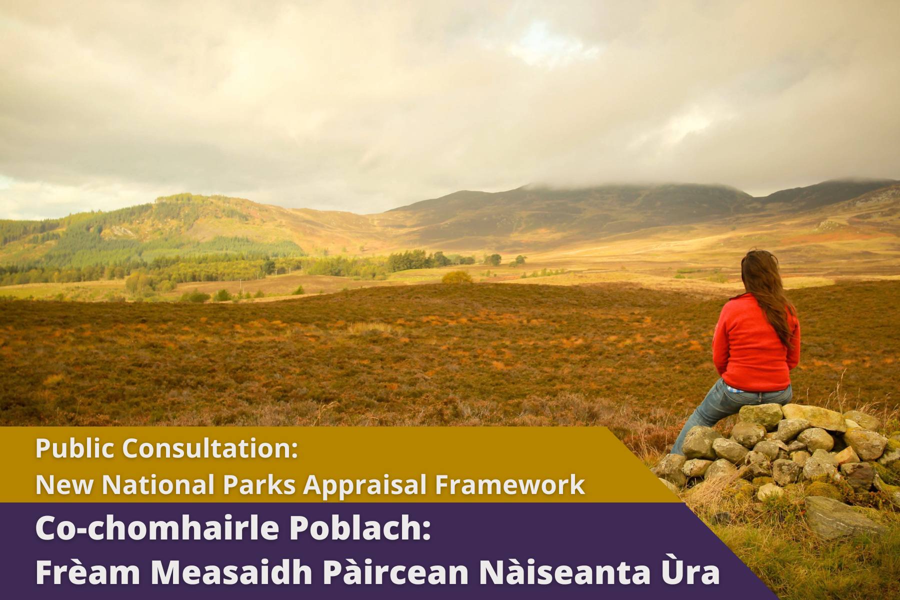 Picture: A woman sitting on a rock in the Scottish Highlands looking at the mountains. Text reads 'Public Consultation: New National Parks Appraisal Network'