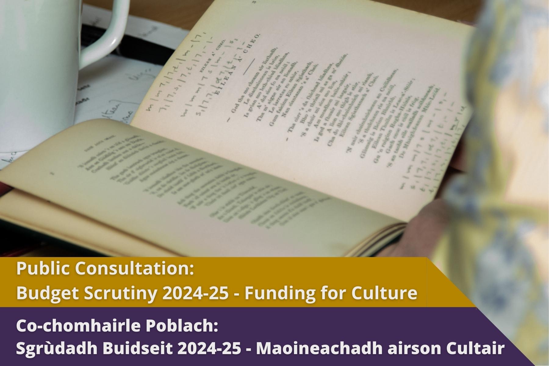 Picture: An open book containing both text and numbers. Text reads 'Public Consultation: Budget Scrutiny 2024-25: Funding for Culture