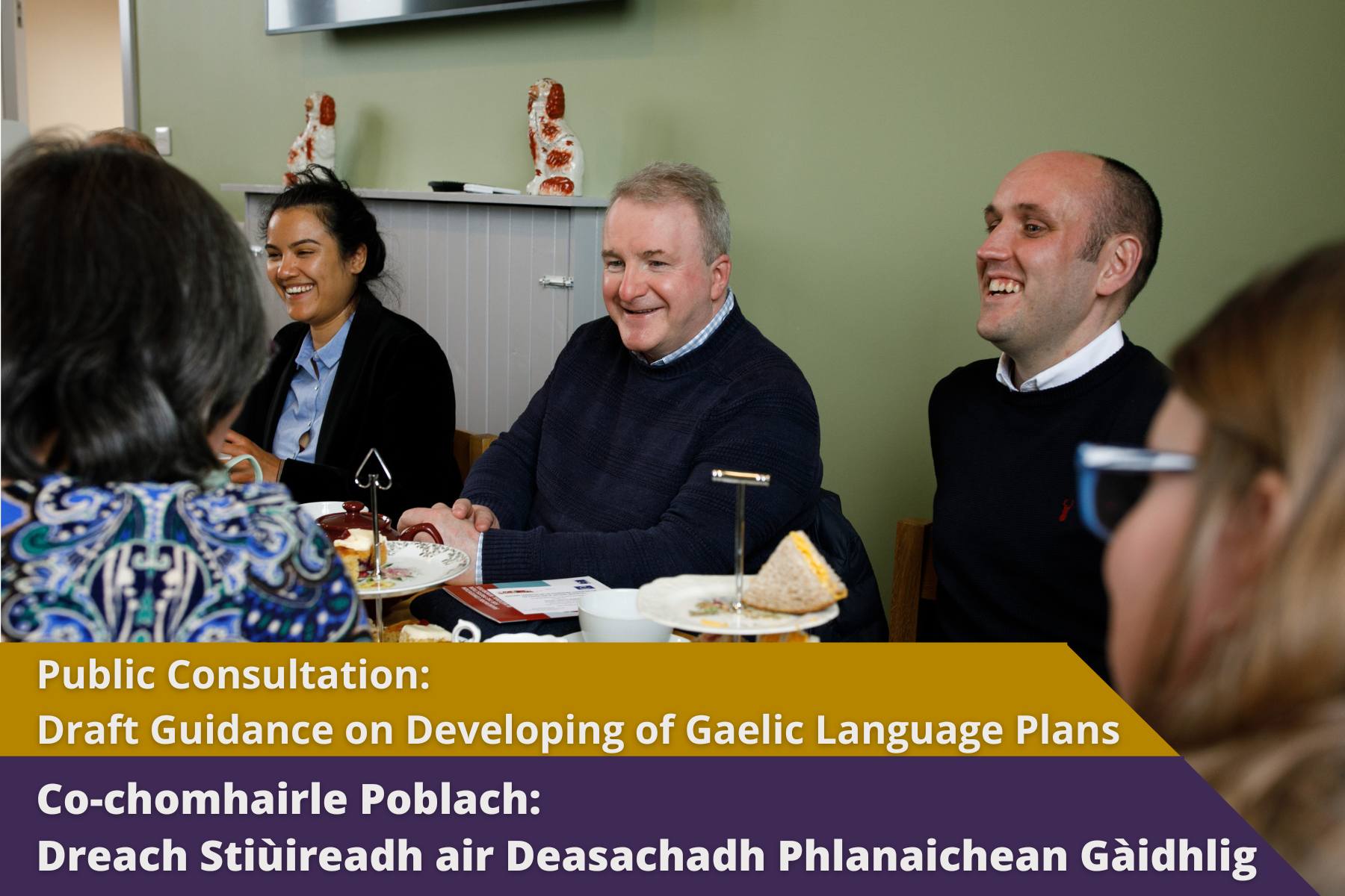 Picture: A community meeting in a cafe. Text reads 'Public Consultation: Draft Guidance on the Development of Gaelic Language Plans'
