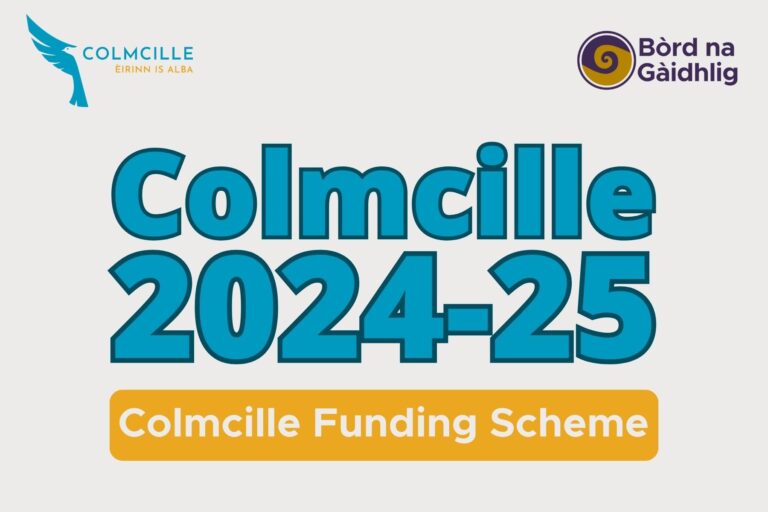 Graphic: Bold text reads 'Colmcille Funding Scheme' with Bòrd na Gàidhlig and Colmcille logos.