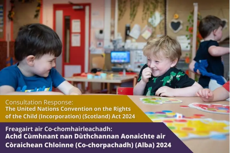 Picture: Two young boys laughing together in a primary school or nursary classroom. Text reads "Consultation Response: The United Nations Convention on the Rights of the Child (Incorporation) (Scotland) Act 2024"