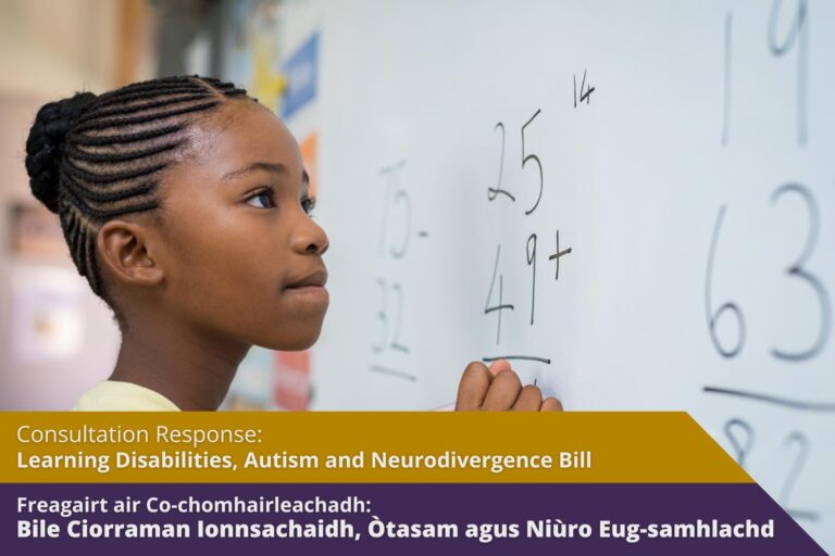 Picture: A girl writing on a marker board at the front of a classroom. Text reads 'Consultation Response: Learning Disabilities, Autism and Neurodivergence Bill'