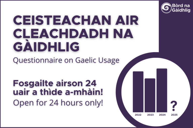Article Thumbnail: There is a simple bar chart showing the percentage of respondents to surveys in previous years who said they used more Gaelic than the year before. Text reads 'Questionnare on Gaelic Usage. Open for 24 hours only'.