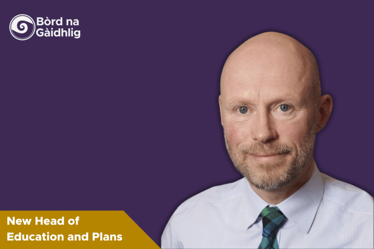 Picture: Calum Munro's headshot on a purple background. The Bòrd na Gàidhlig logo is in the top left of the image and there is text at the bottom left that reads "New Head of Education and Plans".